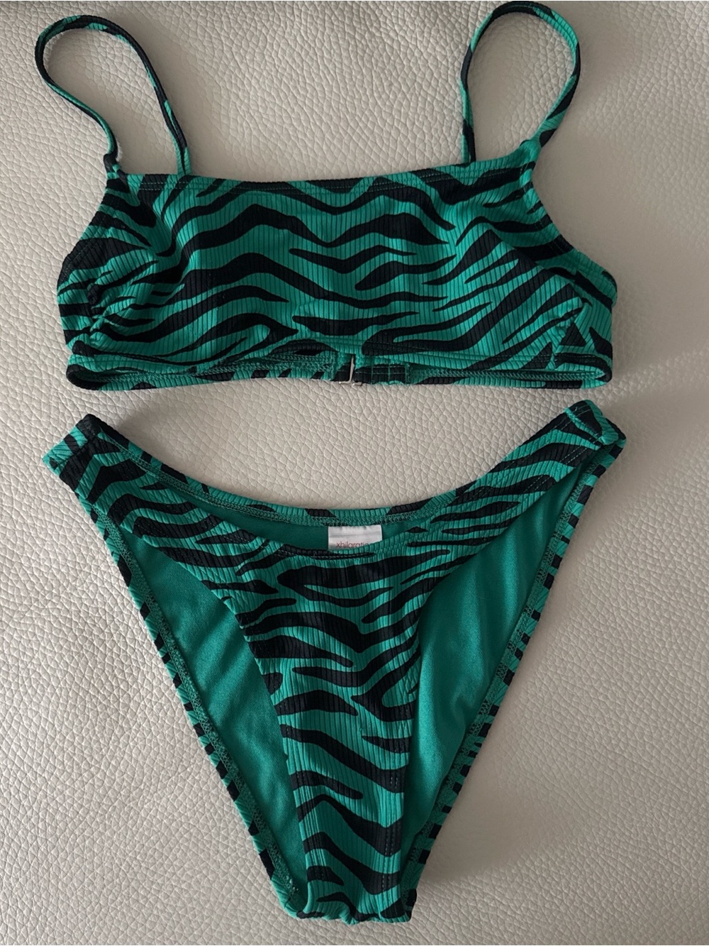 Xhilaration Teal and Black Ribbed Zebra Swim Top